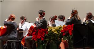 Students playing string instruments during performance. 